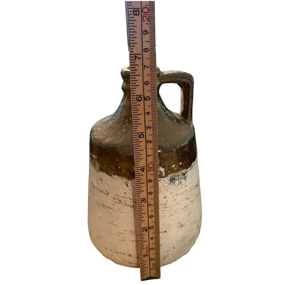 Rustic Farmhouse Ceramic Stoneware Jug Distressed White Bronze Brown 7.75‎ Inch